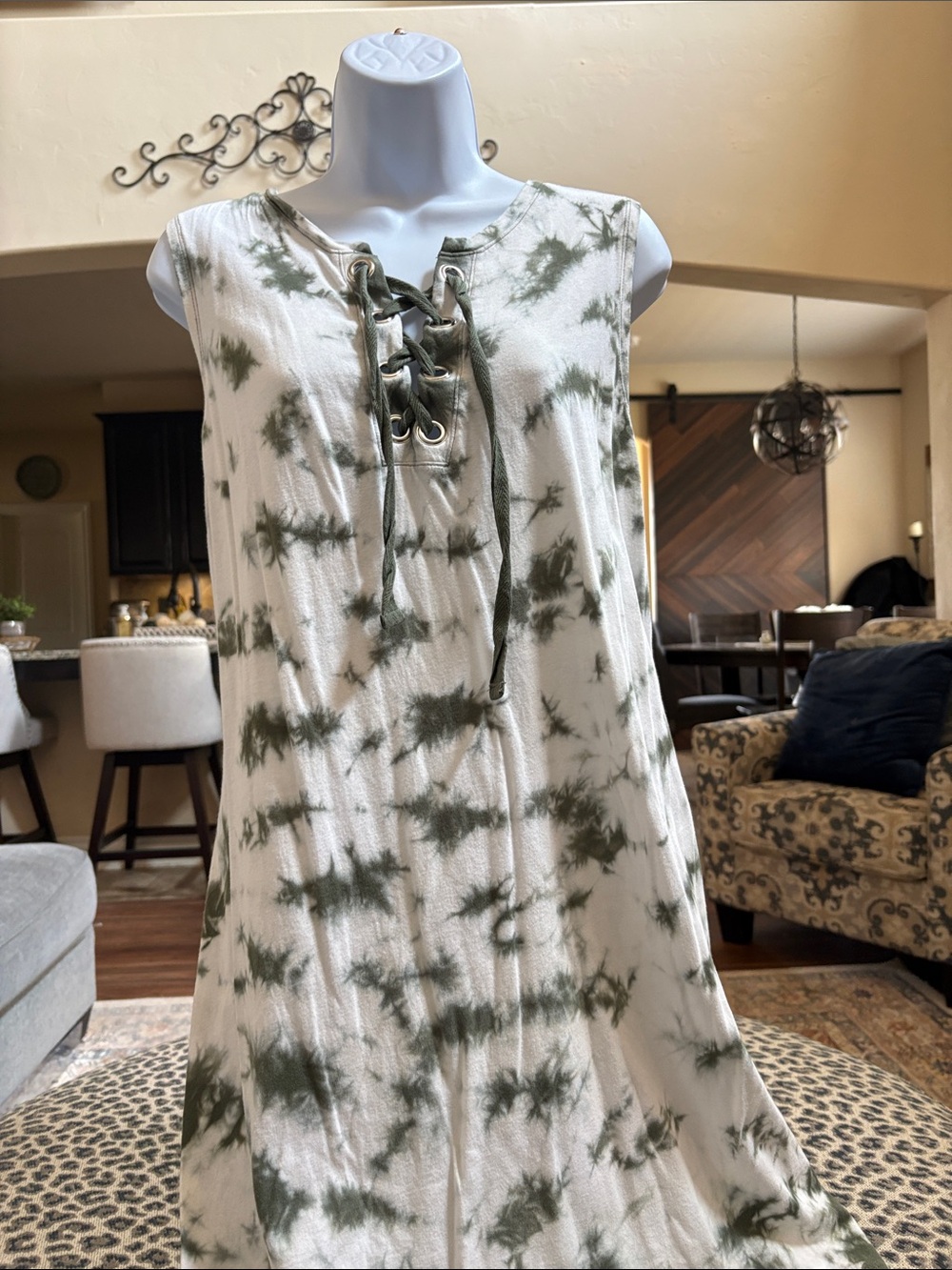 Arizona Jean Company Olive Green and White Tie-Dye Lace-Up Midi Dress